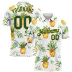 Custom Name and Number Performance Golf Polo Shirt with 3D Pineapple Pattern in White and Kelly Green-Gold Personalized White