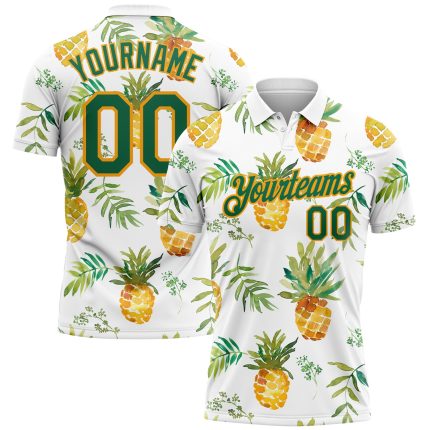 Custom Name and Number Performance Golf Polo Shirt with 3D Pineapple Pattern in White and Kelly Green-Gold Personalized White