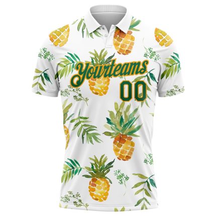 Custom Name and Number Performance Golf Polo Shirt with 3D Pineapple Pattern in White and Kelly Green-Gold Personalized White
