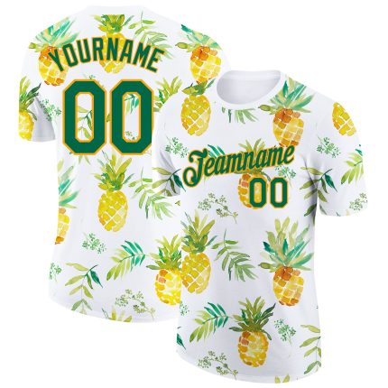 Custom Pineapples Performance T-Shirt with Name & Number - Personalized 3D Pattern Design in White Kelly Green-Gold Personalized