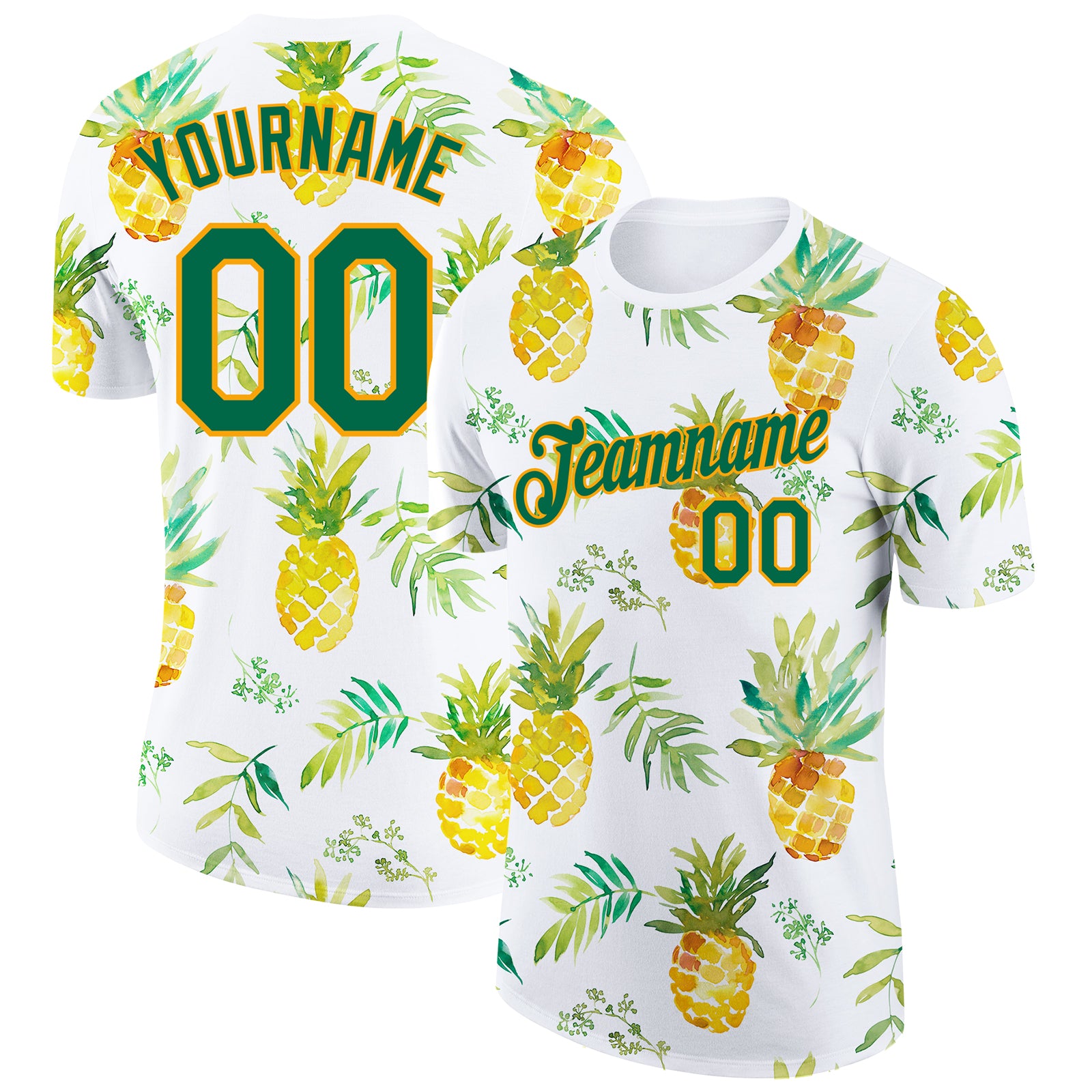 Custom Pineapples Performance T-Shirt with Name & Number - Personalized 3D Pattern Design in White Kelly Green-Gold Personalized