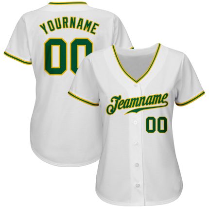 Custom Name and Number Personalized Baseball Jersey - Authentic White Kelly Green Gold Team Jersey Personalized White Kelly