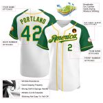 Custom Personalized Baseball Jersey with White Kelly Green-Gold Raglan Sleeves - Team Name & Number Personalized White Kelly