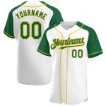 Custom Personalized Baseball Jersey with White Kelly Green-Gold Raglan Sleeves - Team Name & Number Personalized White Kelly