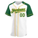 Custom Personalized Baseball Jersey with White Kelly Green-Gold Raglan Sleeves - Team Name & Number Personalized White Kelly