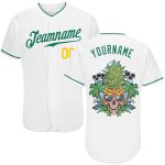 Custom Personalized Baseball Jersey with Pineapple Skull Design, White and Kelly Green, Authentic Team Name and Number Personalized