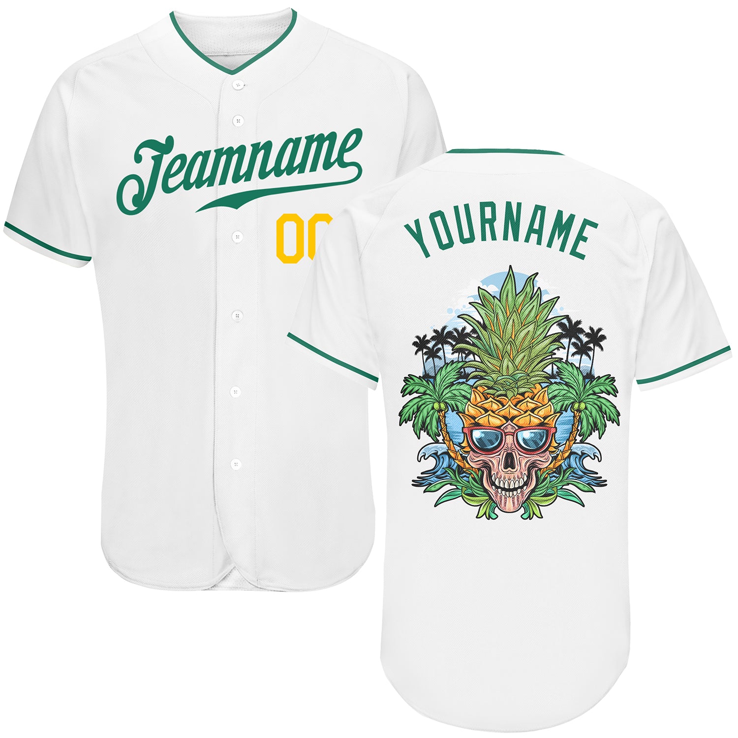Custom Personalized Baseball Jersey with Pineapple Skull Design, White and Kelly Green, Authentic Team Name and Number Personalized