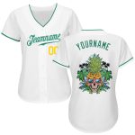 Custom Personalized Baseball Jersey with Pineapple Skull Design, White and Kelly Green, Authentic Team Name and Number Personalized