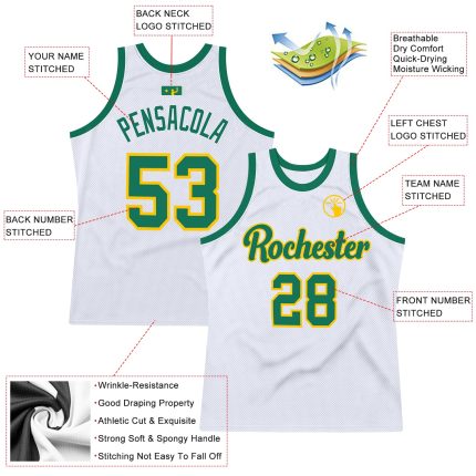 Custom Personalized Basketball Jersey - White Kelly Green Gold, Authentic Throwback with Name & Number Personalized White