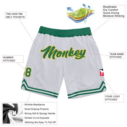 Personalized Green Gold Authentic Throwback Basketball Shorts - White Personalized White Kelly Green-Gold Authentic Throwback