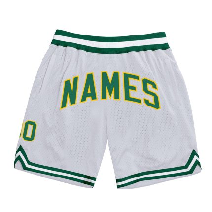 Custom Team Name Number Personalized Basketball Shorts - White Kelly Green Gold Authentic Throwback Personalized White Kelly
