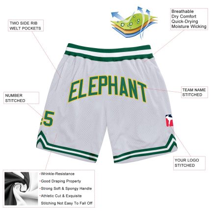 Custom Team Name Number Personalized Basketball Shorts - White Kelly Green Gold Authentic Throwback Personalized White Kelly