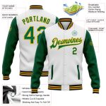 Customizable Two-Tone Varsity Letterman Jacket with Name and Number - White, Kelly Green, Gold, Black Bomber Full-Snap Design