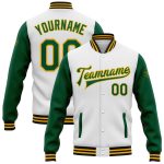 Customizable Two-Tone Varsity Letterman Jacket with Name and Number - White, Kelly Green, Gold, Black Bomber Full-Snap Design