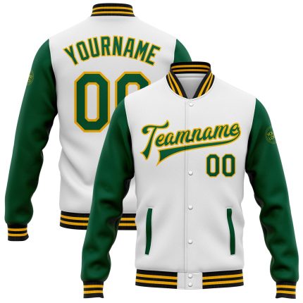 Customizable Two-Tone Varsity Letterman Jacket with Name and Number - White, Kelly Green, Gold, Black Bomber Full-Snap Design