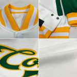 Custom Name and Number Two Tone Varsity Letterman Bomber Jacket - Personalized White Kelly Green Gold Full-Snap Personalized