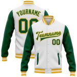 Custom Name and Number Two Tone Varsity Letterman Bomber Jacket - Personalized White Kelly Green Gold Full-Snap Personalized