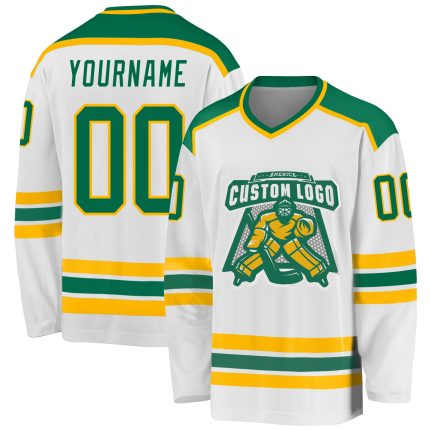 Personalized Green Gold Hockey Jersey - Customizable White Uniform Jersey Personalized White Kelly Green-Gold Hockey Jersey