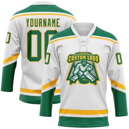 Custom Name and Number Hockey Jersey - Personalized White Kelly Green-Gold Lace Neck Team Jersey Personalized White Kelly