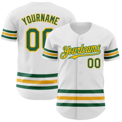 Custom Name and Number Authentic Baseball Jersey - Personalized White Kelly Green Gold Line Personalized White Kelly Green-Gold