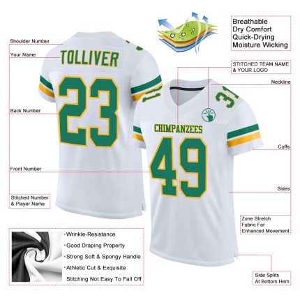 Custom Name Number Authentic Football Jersey - Personalized White Kelly Green Gold Mesh Personalized White Kelly Green-Gold