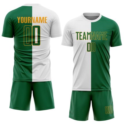 Custom Name and Number Personalized Soccer Jersey - White Kelly Green-Gold Sublimation Split Fashion Uniform Personalized
