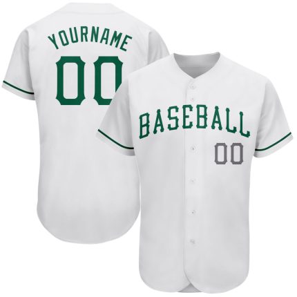 Custom Name and Number Authentic St. Patricks Day Baseball Jersey - Personalized Kelly Green-Gray Design Personalized White