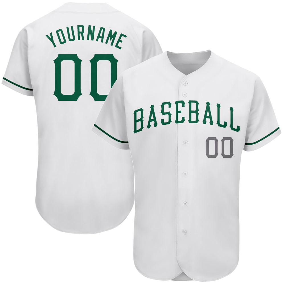 Custom Name and Number Authentic St. Patricks Day Baseball Jersey - Personalized Kelly Green-Gray Design Personalized White
