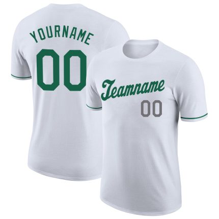Custom Team Performance T-Shirt with Name and Number - Personalized White Kelly Green-Gray Tee Personalized White Kelly Green-Gray