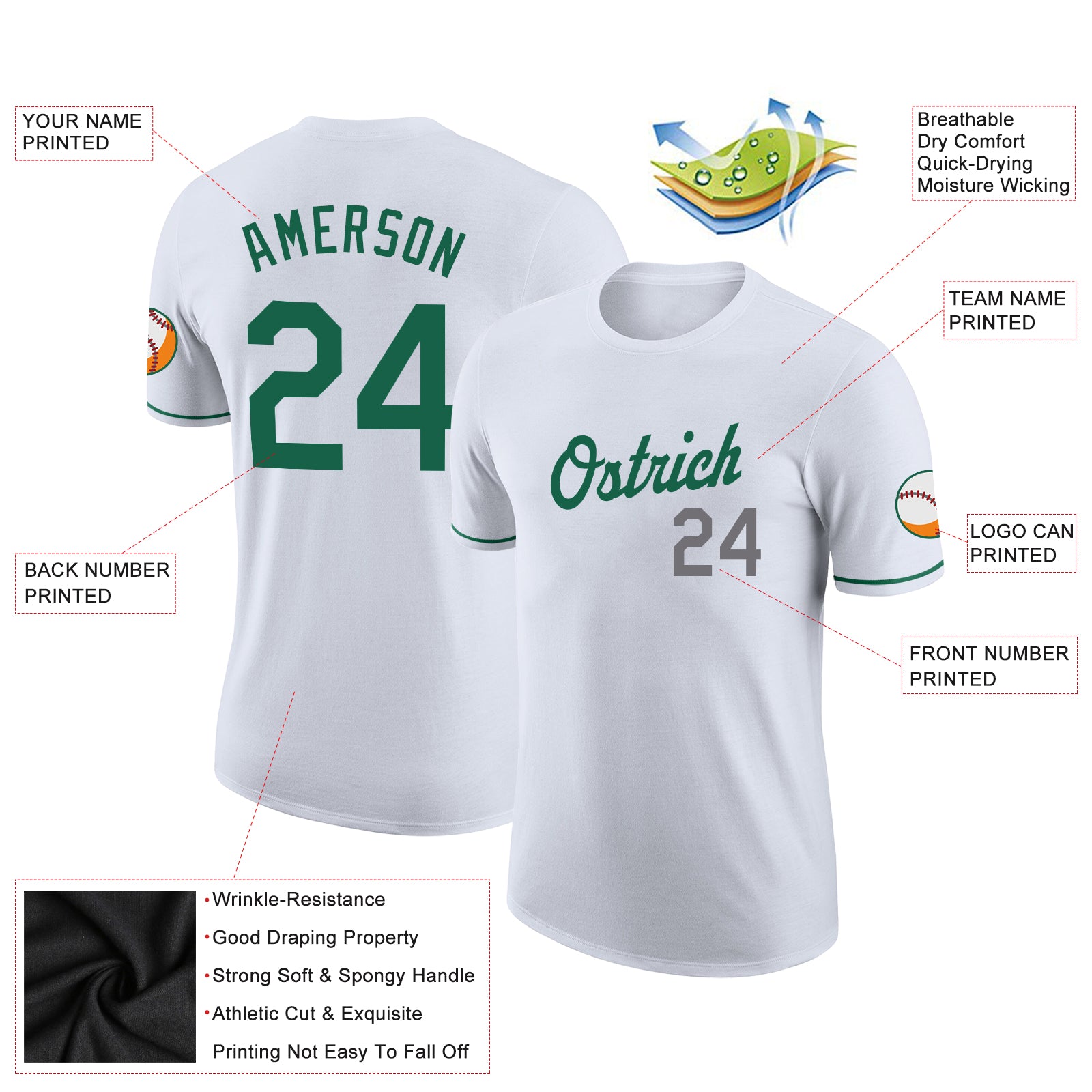 Personalized White Kelly Green-Gray Performance T-Shirt Team Custom Name and Number Custom Team Performance T-Shirt with Name and Number - Personalized White Kelly Green-Gray Tee Personalized White Kelly Green-Gray - Image 3
