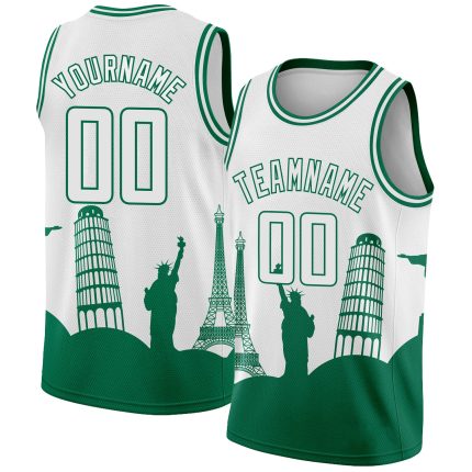 Custom City Edition Basketball Jersey for Holidays - Personalized White Kelly Green Monuments Silhouette with Name & Number