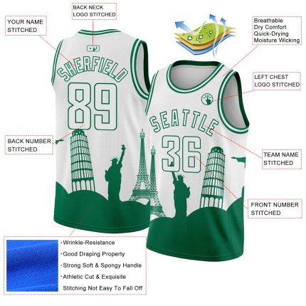 Custom City Edition Basketball Jersey for Holidays - Personalized White Kelly Green Monuments Silhouette with Name & Number