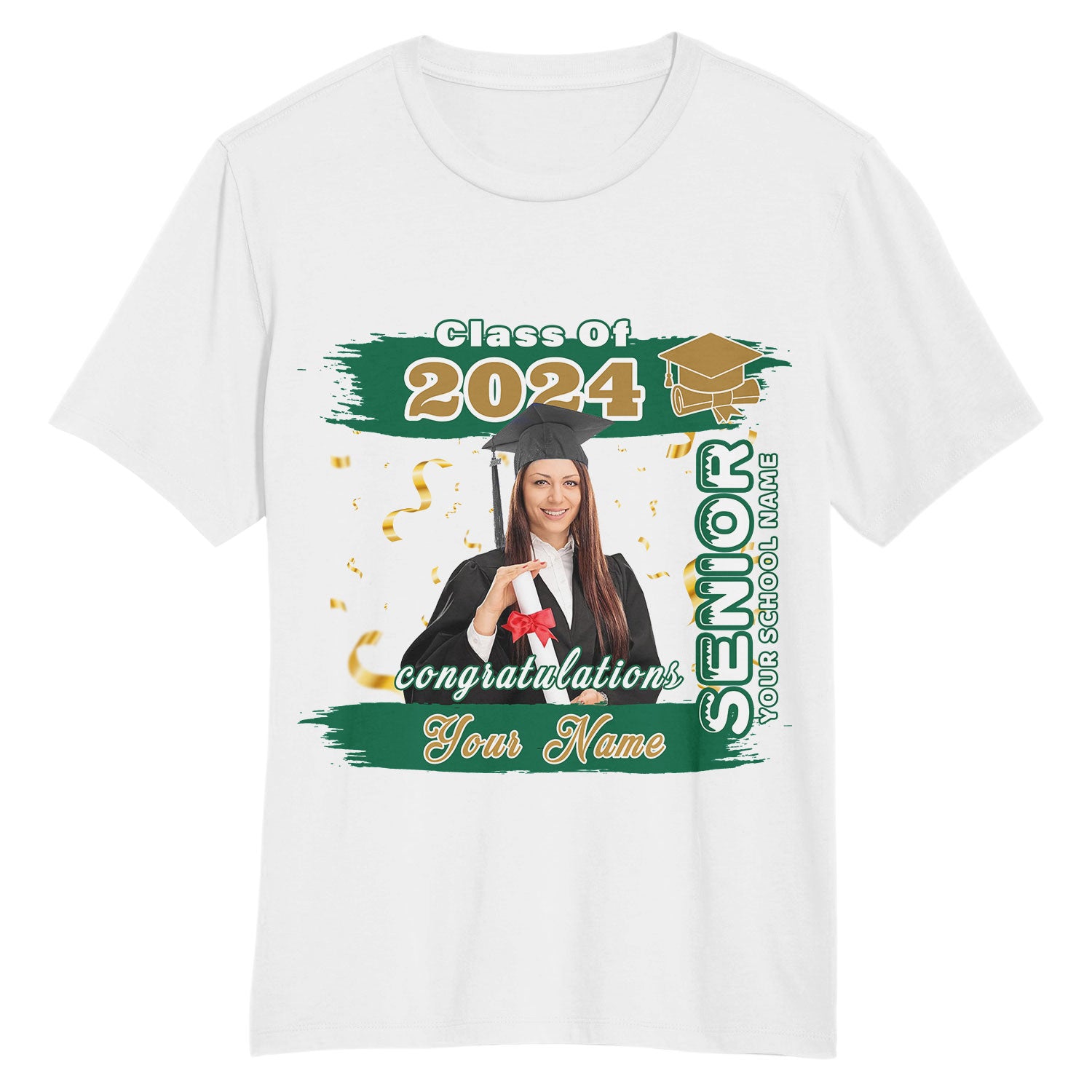 Custom Name and Number 3D Graduation Performance T-Shirt - Personalized White and Kelly Green-Old Gold Design Personalized