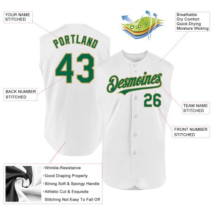 Custom Name and Number Personalized Baseball Jersey in White Kelly Green and Old Gold - Authentic Sleeveless Personalized