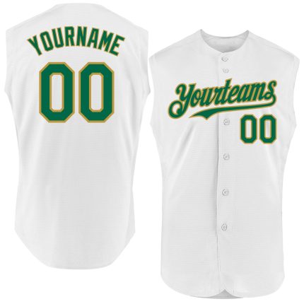 Custom Name and Number Personalized Baseball Jersey in White Kelly Green and Old Gold - Authentic Sleeveless Personalized