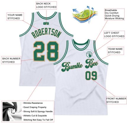 Custom Name Number Personalized Throwback Basketball Jersey in White Kelly Green Old Gold - Authentic Team Apparel Personalized