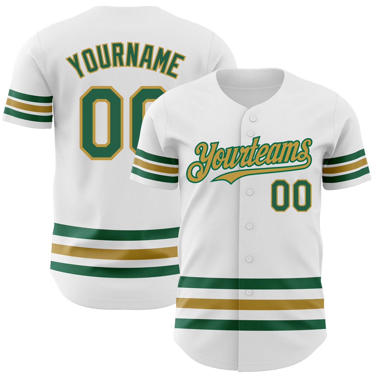 Customizable Authentic Baseball Jersey - Personalized White Kelly Green-Old Gold Line with Custom Name & Number Personalized