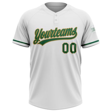 Custom Softball Jersey with Name and Number - Personalized White Kelly Green-Old Gold Two-Button Unisex Design Personalized