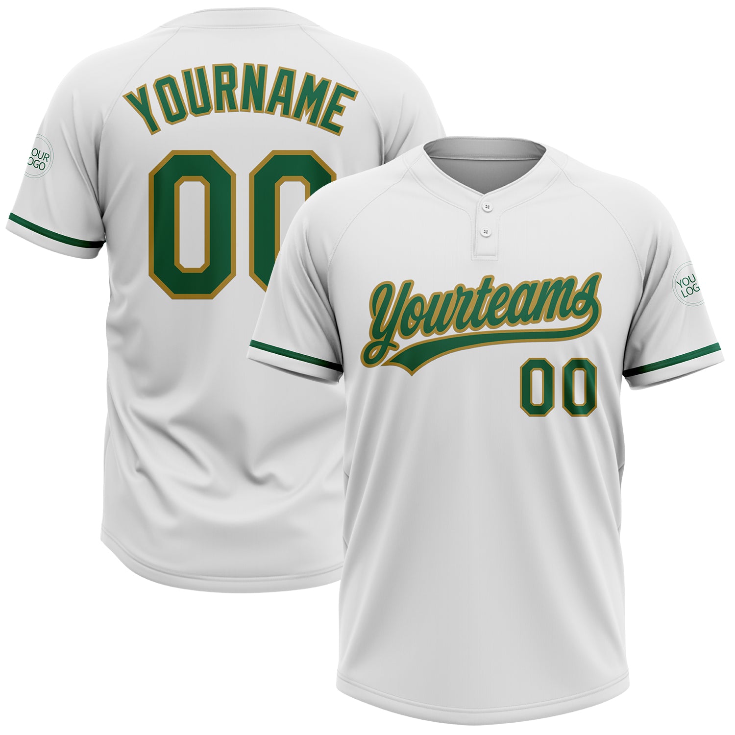 Custom Softball Jersey with Name and Number - Personalized White Kelly Green-Old Gold Two-Button Unisex Design Personalized