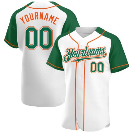 Custom Name and Number Baseball Jersey - Personalized White Kelly Green-Orange Authentic Raglan Sleeves Personalized White