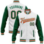 Personalized Two-Tone Bomber Jacket in White Kelly Green-Orange Full Snap Varsity Letterman Style Personalized White Kelly