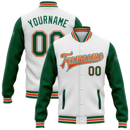 Personalized Two-Tone Bomber Jacket in White Kelly Green-Orange Full Snap Varsity Letterman Style Personalized White Kelly