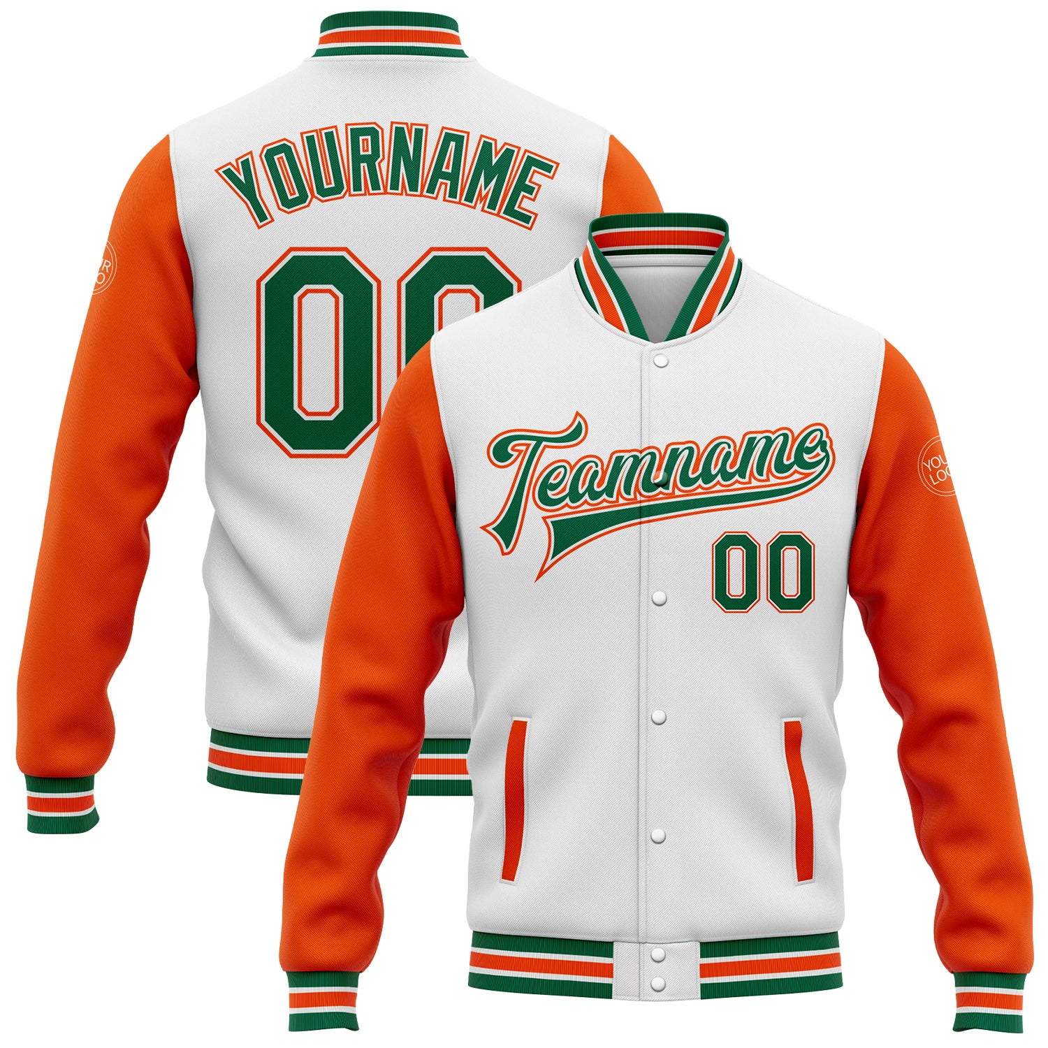 Custom Name Number Two Tone Varsity Letterman Bomber Jacket Personalized White Kelly Green Orange Personalized White Kelly