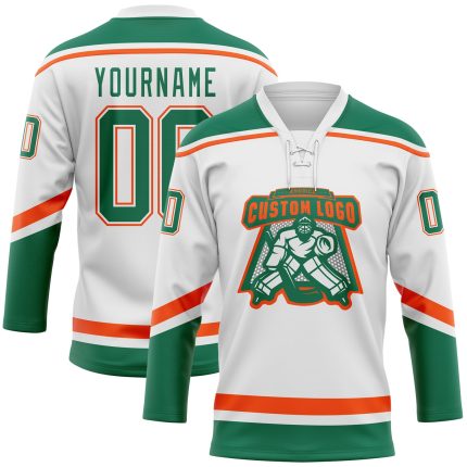 Personalized Custom Hockey Jersey with Lace Neck - White, Kelly Green & Orange, Your Name & Number Personalized White Kelly