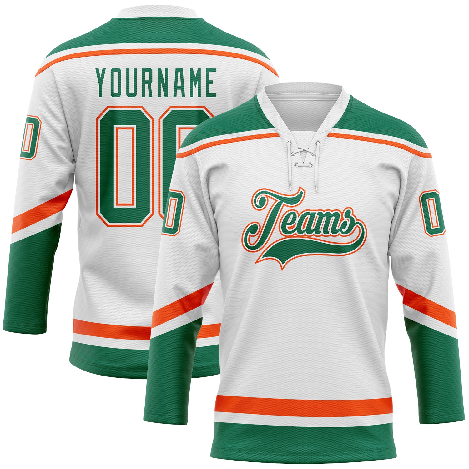 Personalized Custom Hockey Jersey with Lace Neck - White, Kelly Green & Orange, Your Name & Number Personalized White Kelly