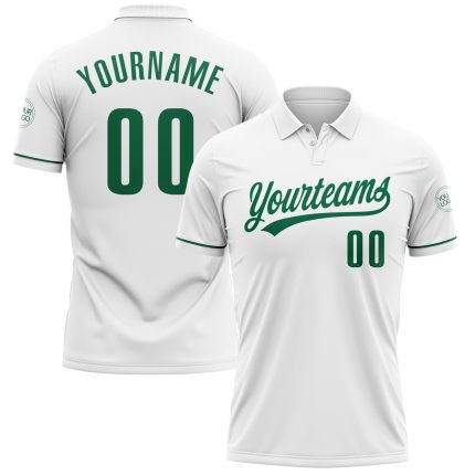 Custom Team Name Number Personalized Performance Golf Polo Shirt White Kelly Green Personalized White Kelly Green Performance