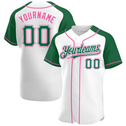 Custom Name and Number Personalized Baseball Jersey in White Kelly Green-Pink Authentic Raglan Sleeves Personalized White