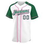 Custom Name and Number Personalized Baseball Jersey in White Kelly Green-Pink Authentic Raglan Sleeves Personalized White