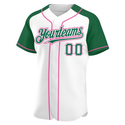 Custom Name and Number Personalized Baseball Jersey in White Kelly Green-Pink Authentic Raglan Sleeves Personalized White