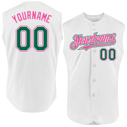 Custom Personalized Sleeveless Baseball Jersey - White Kelly Green-Pink with Name and Number Personalized White Kelly Green-Pink